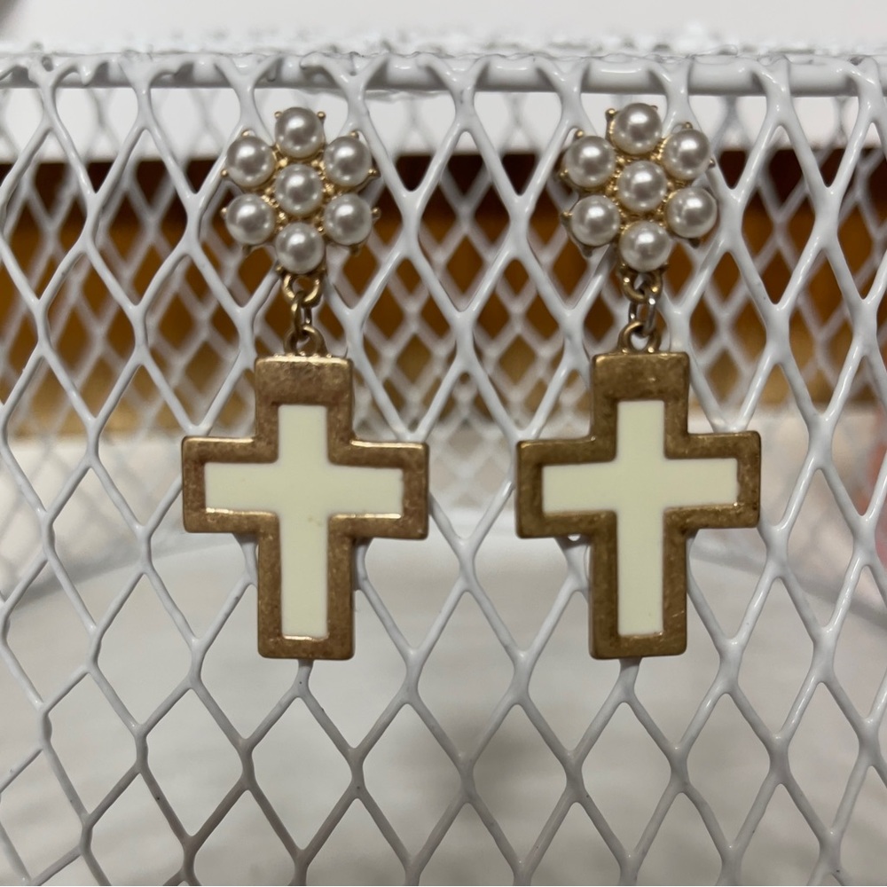 Gold and Cream Cross Earrings